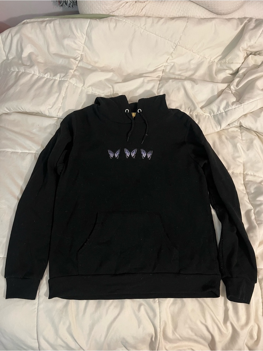 Black Hoodie with Purple Butterfly Embroidery
